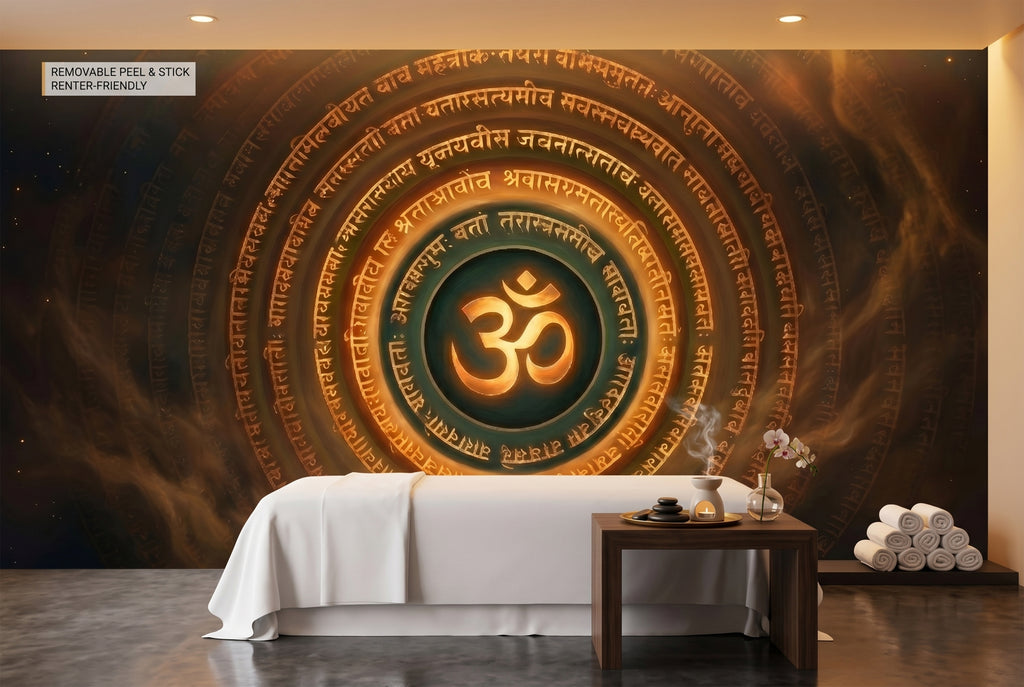 Glowing golden Om symbol and Sanskrit mandala mural in a dark relaxing spa room