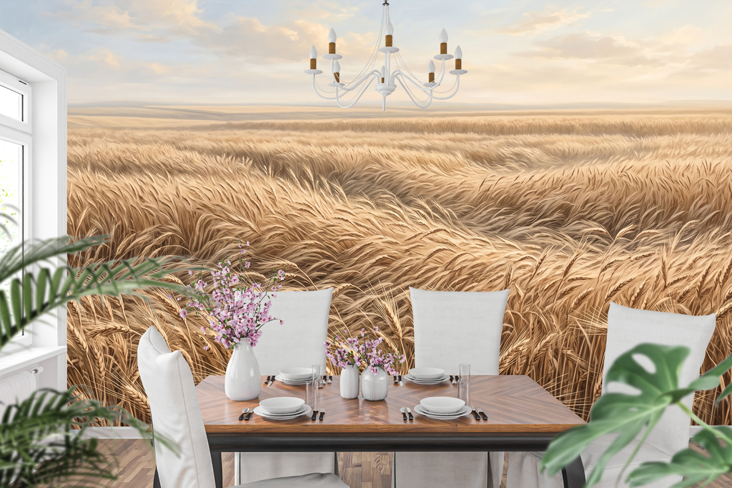 Sweeping golden scenic nature wall mural creating a serene dining room accent
