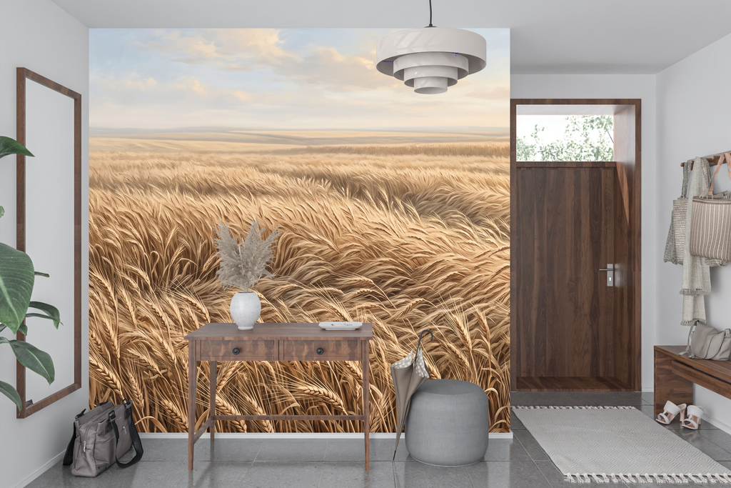 Classical painted harvest landscape wall mural transforming a welcoming entryway