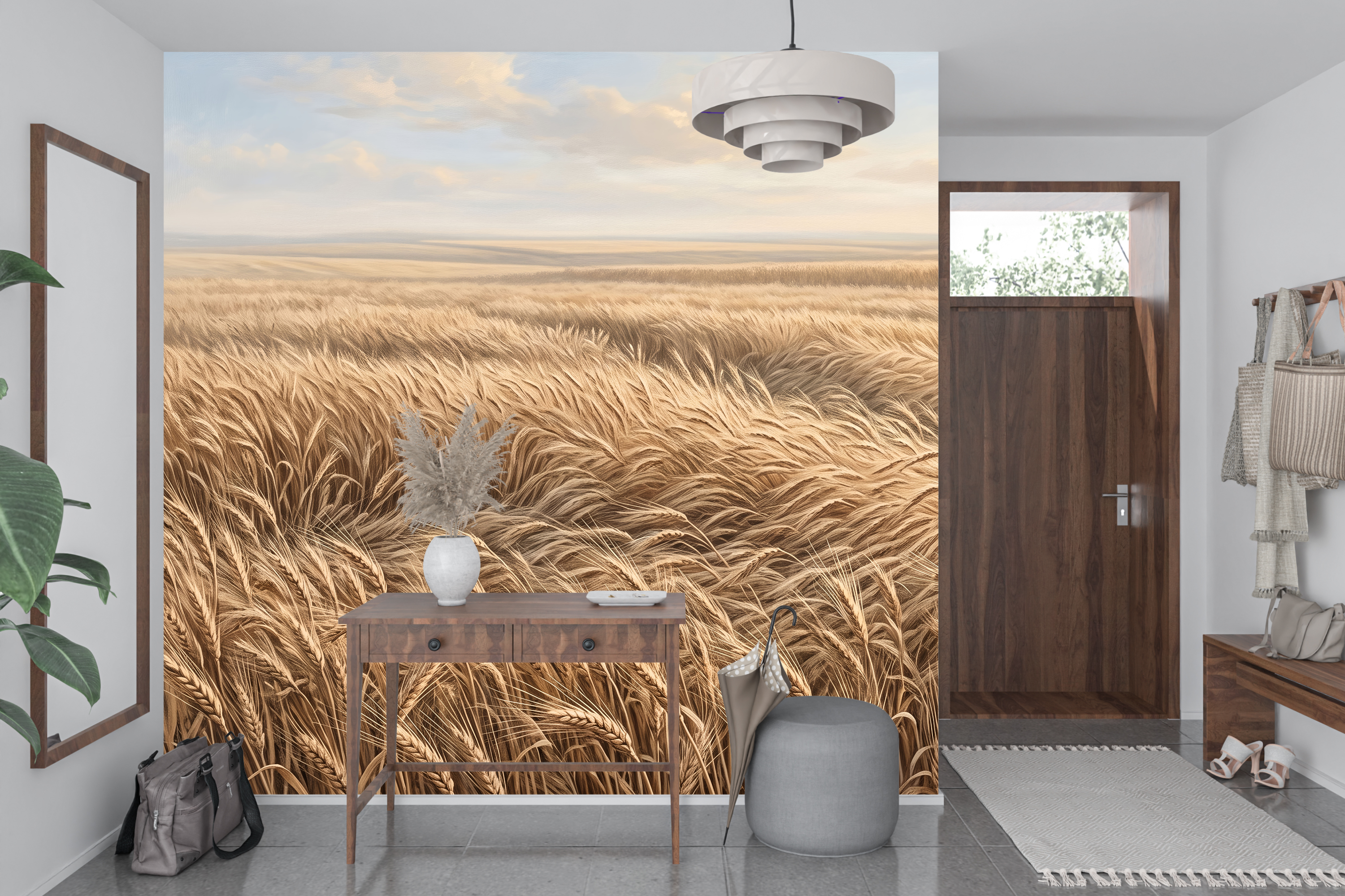 Classical painted harvest landscape wall mural transforming a welcoming entryway