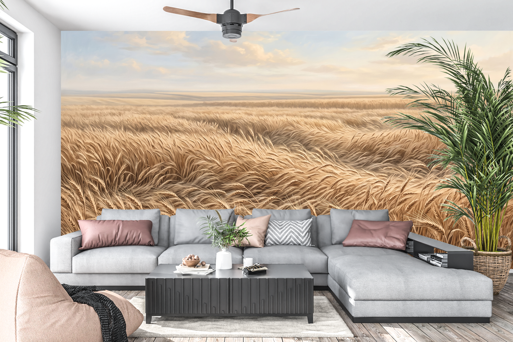 Golden wheat field landscape mural in a warm rustic farmhouse living room