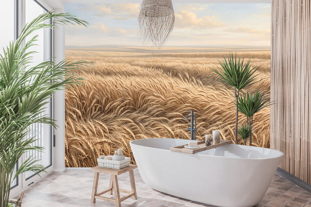 Waterproof vinyl vintage wheat field wallpaper applied in a rustic country kitchen