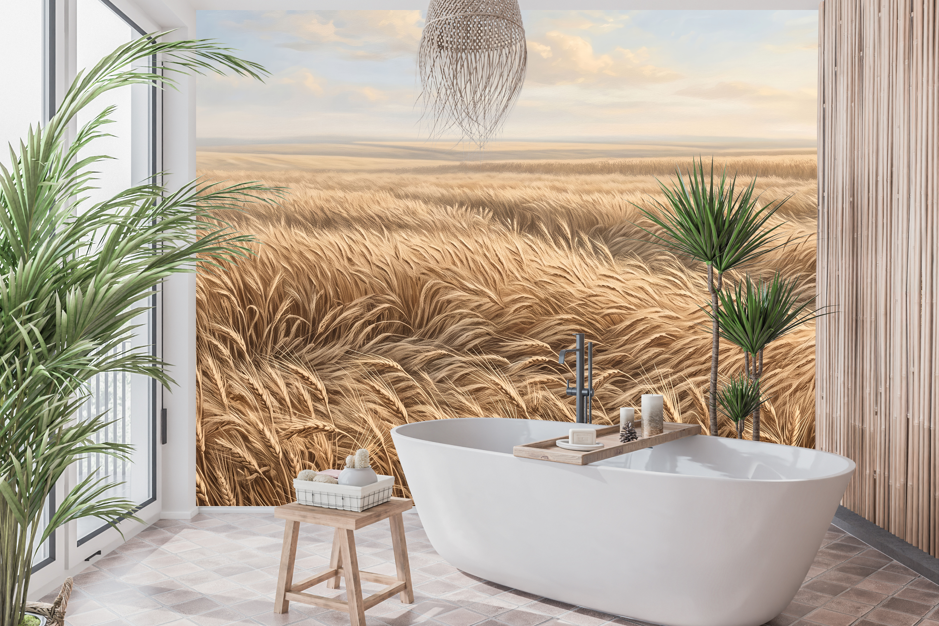 Waterproof vinyl vintage wheat field wallpaper applied in a rustic country kitchen