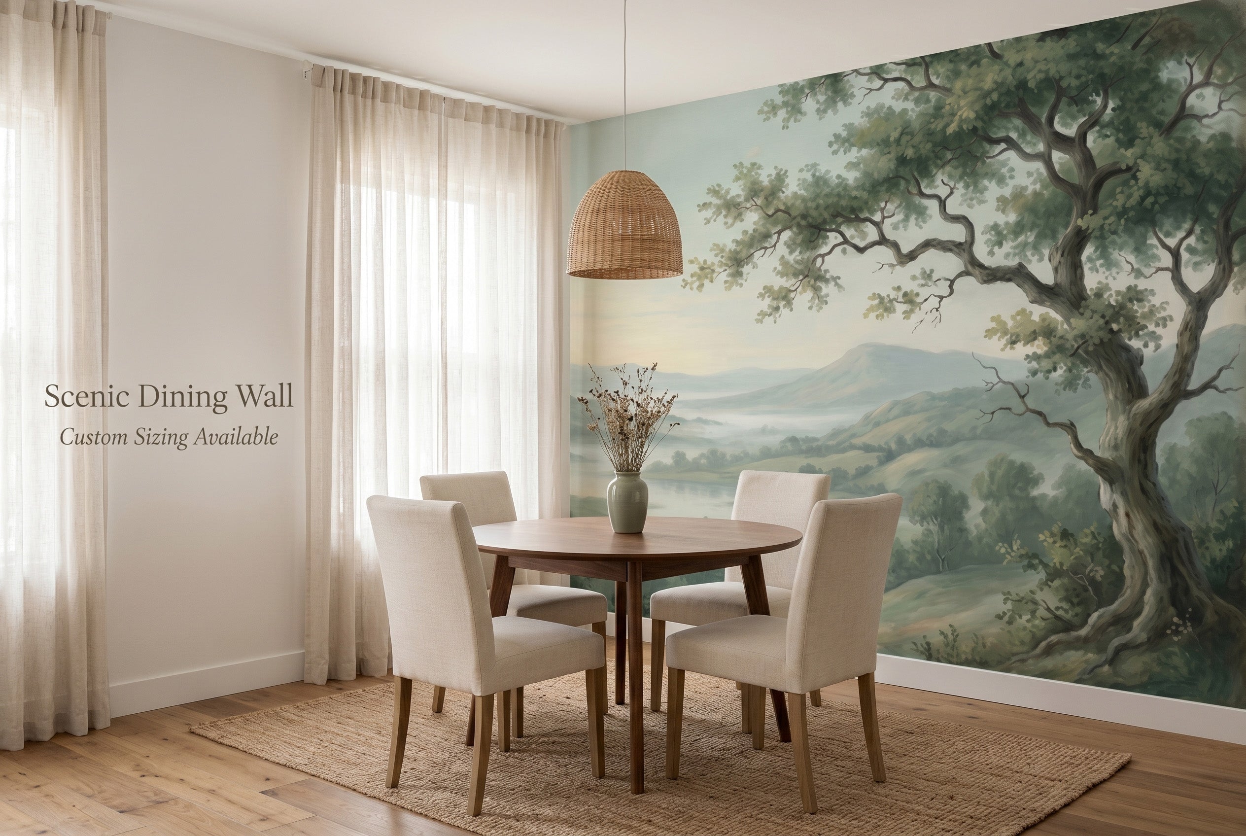 Green landscape wall mural in an elegant romantic dining room with sage green and ivory vintage tones