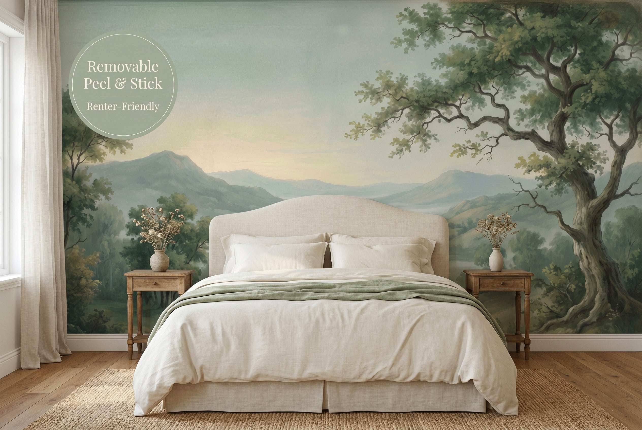 Green nature landscape peel and stick wall mural in a romantic serene master bedroom with vintage pastoral tones