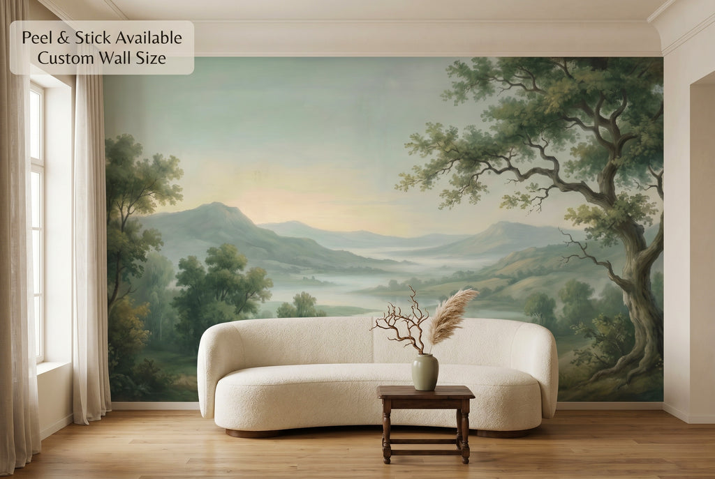 Green vintage landscape wall mural in an elegant serene living room with sage green and dusty blue tones
