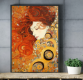Gustav Klimt inspired red haired woman canvas print displayed above an elegant romantic bed