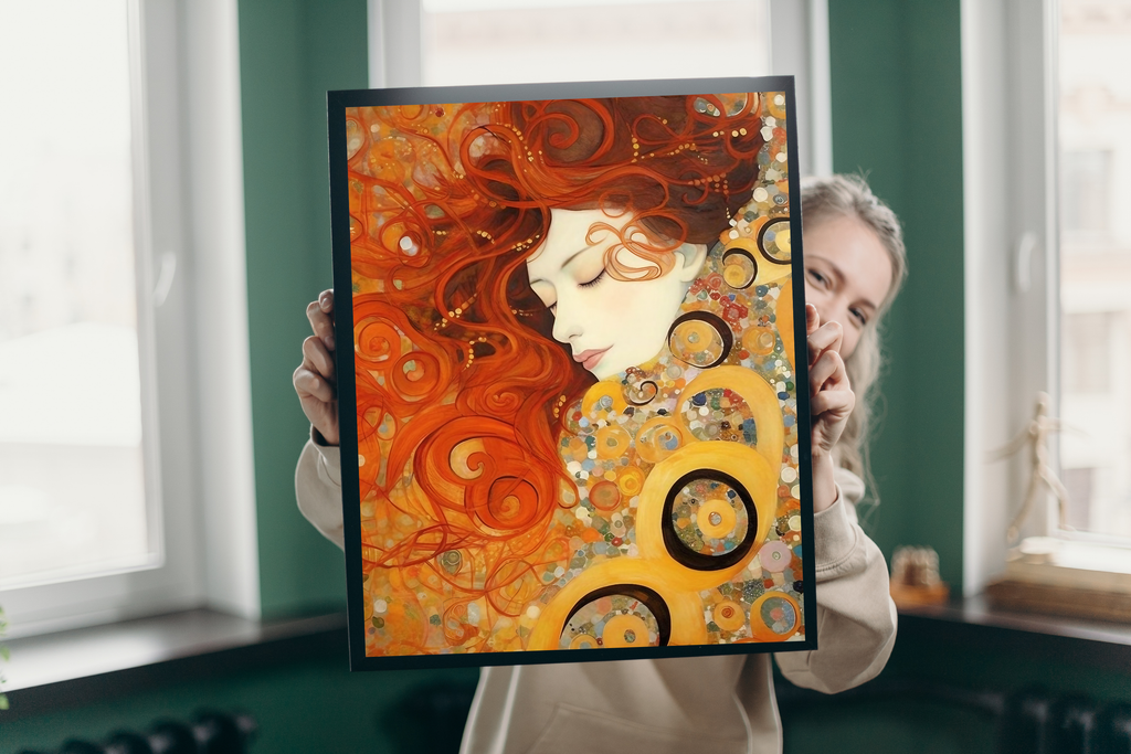 Detail view showing the vibrant red swirls and intricate gold circular patterns of the canvas