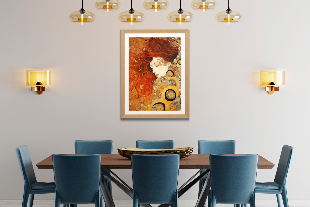 Dreamlike flowing hair female portrait art displayed in an opulent dining space