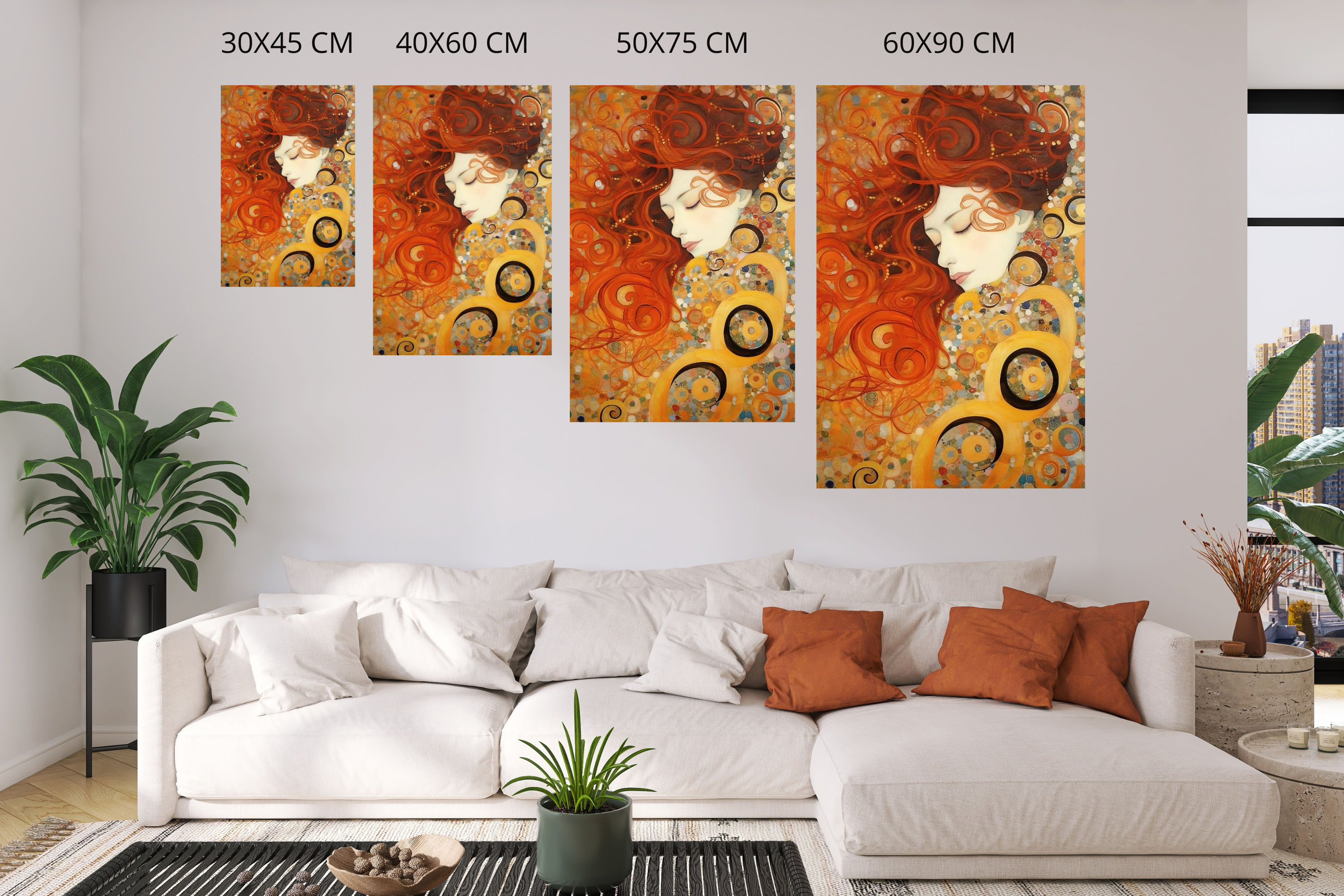 Large Art Nouveau golden mosaic portrait styling a sophisticated vintage living room