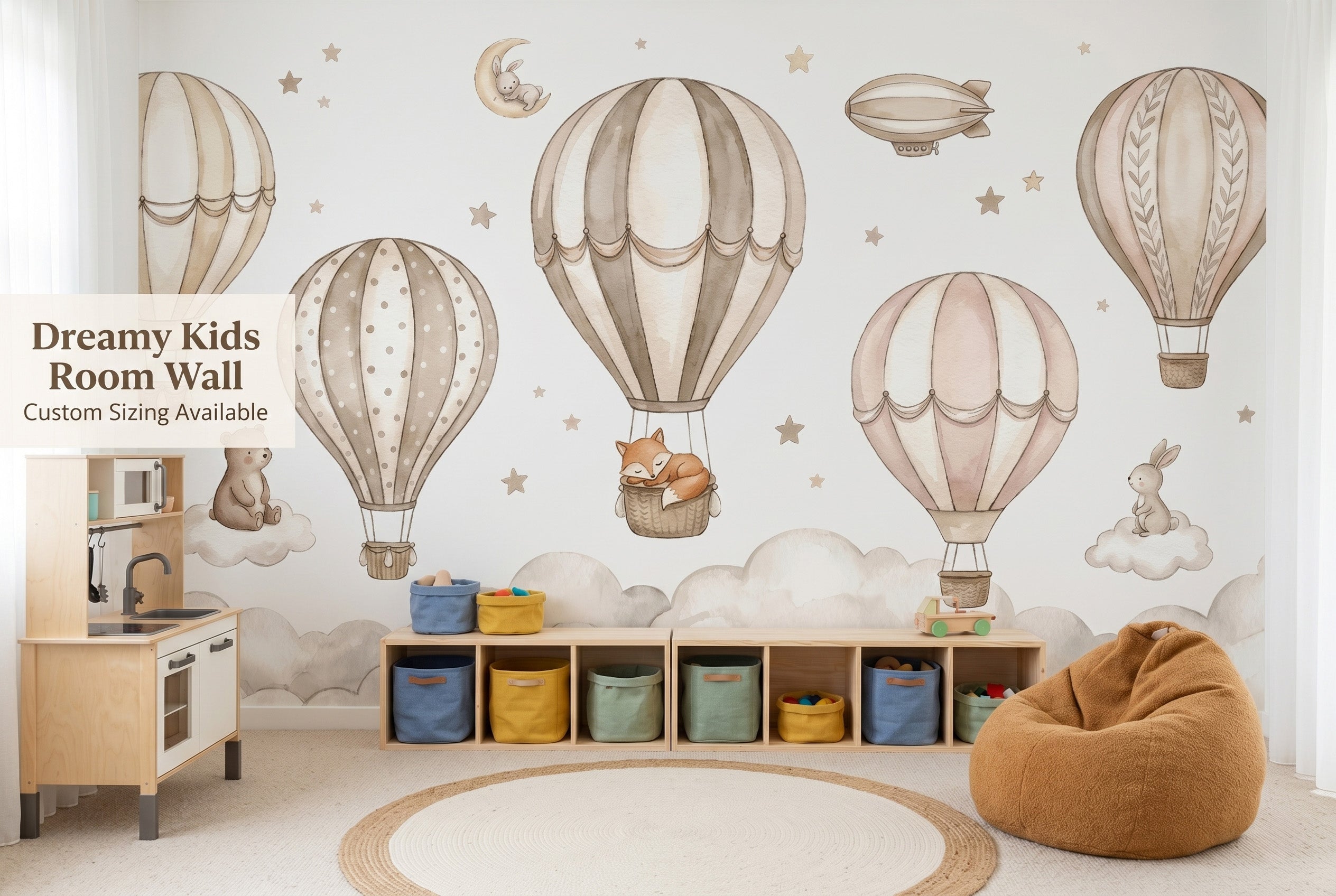 Hot air balloon watercolour wall mural in a bright cheerful toddler playroom with wooden toys and soft rugs