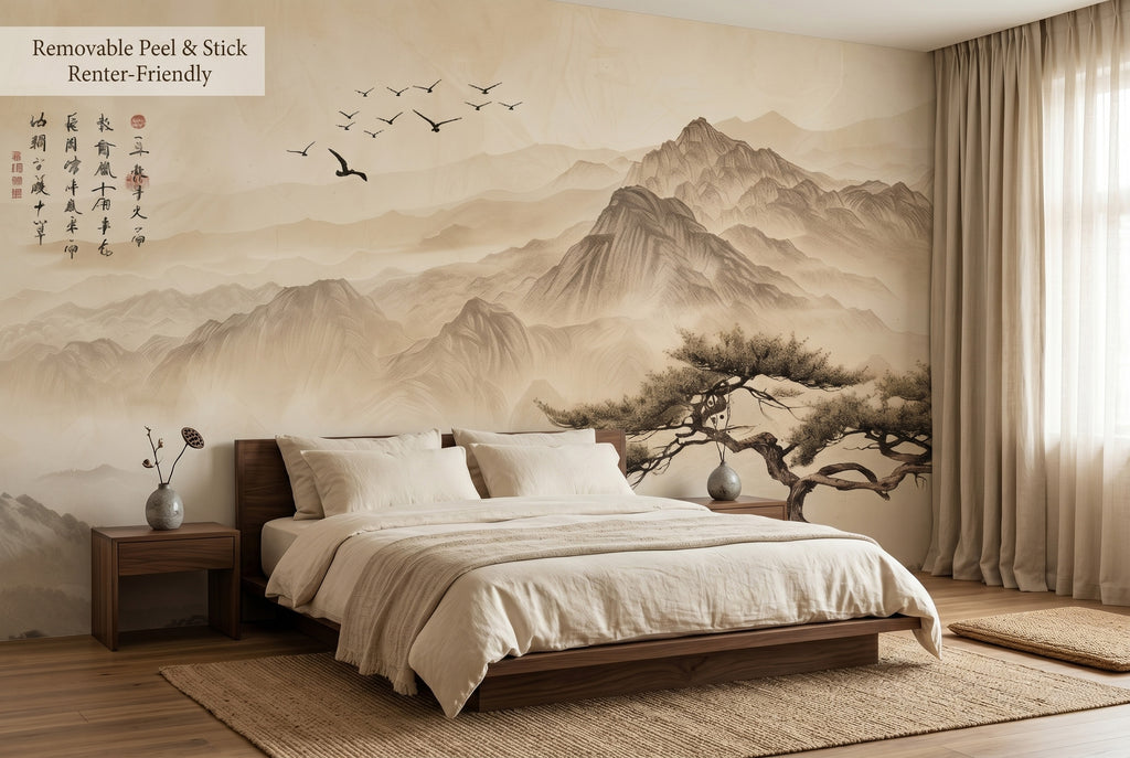 Japanese zen mountain peel and stick wall mural in a serene minimalist master bedroom with warm neutral tones