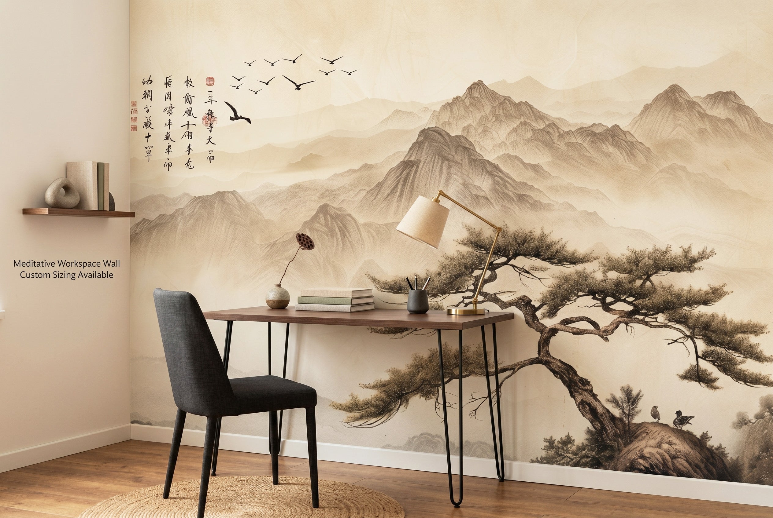 Japanese zen mountain wall mural in a serene minimalist home office with warm parchment and dark walnut tones