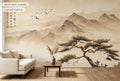 Japanese zen mountain wall mural in a serene minimalist living room with warm parchment and taupe tones