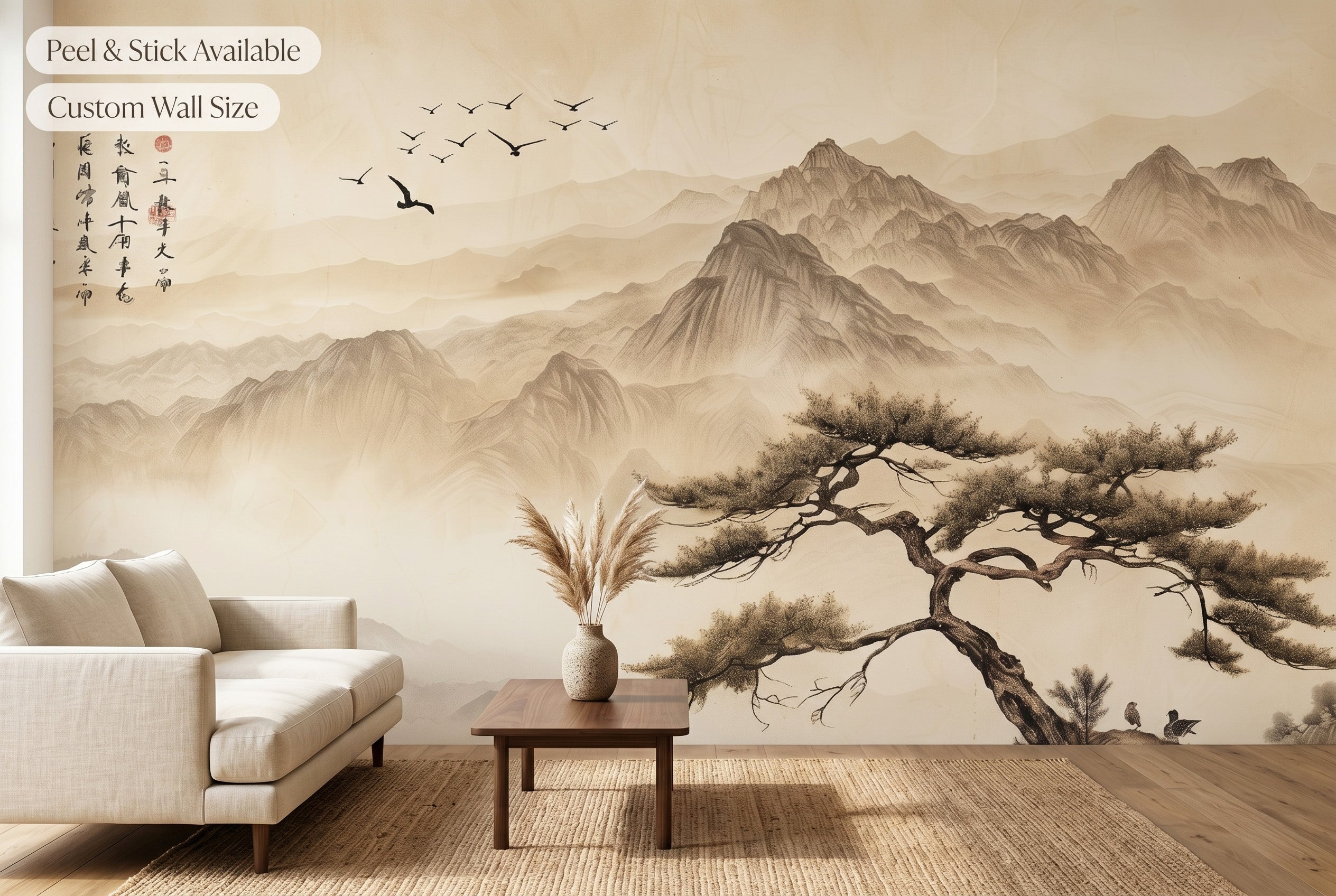Japanese zen mountain wall mural in a serene minimalist living room with warm parchment and taupe tones