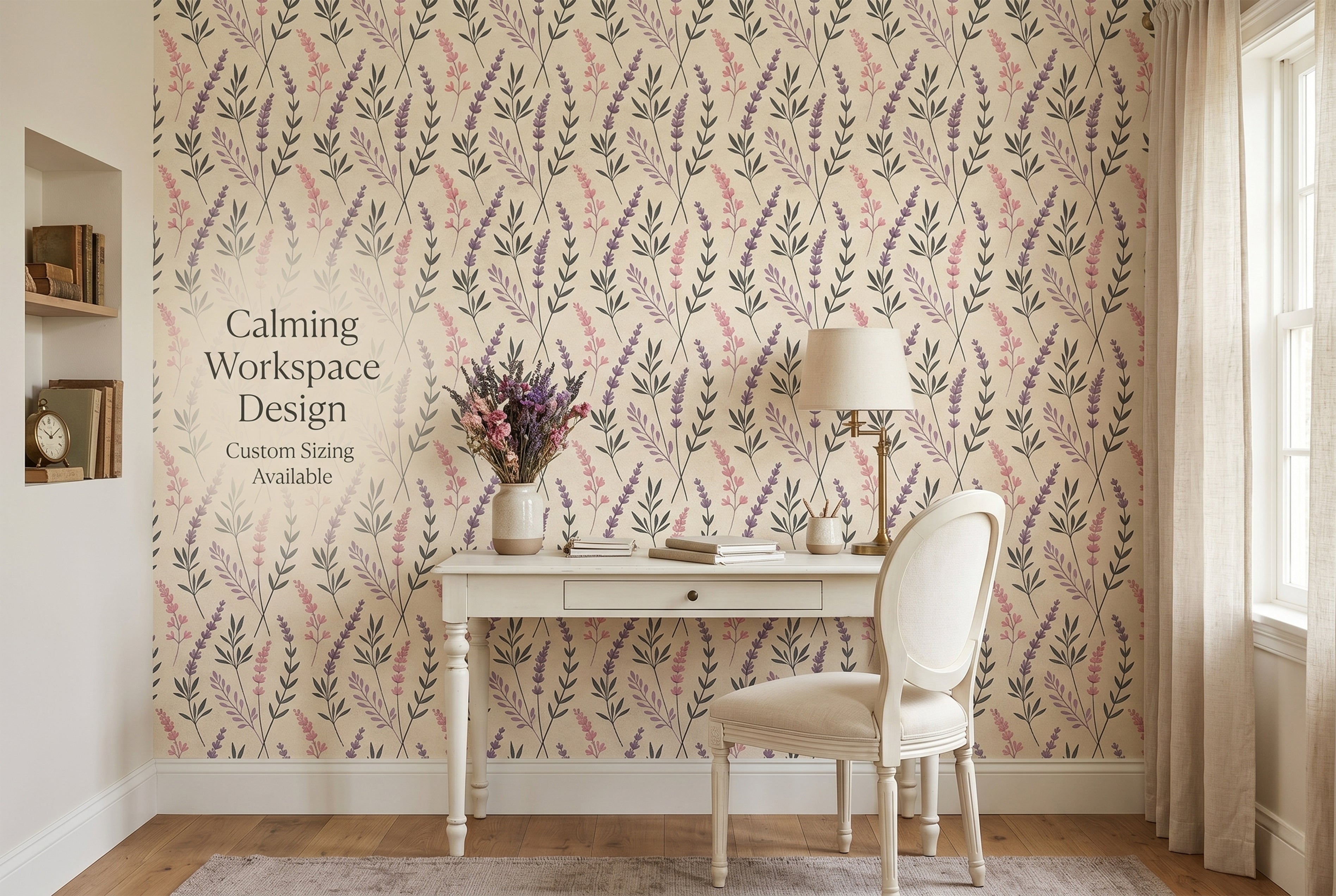 Lavender wildflower and botanical cottagecore wallpaper in a calming home office