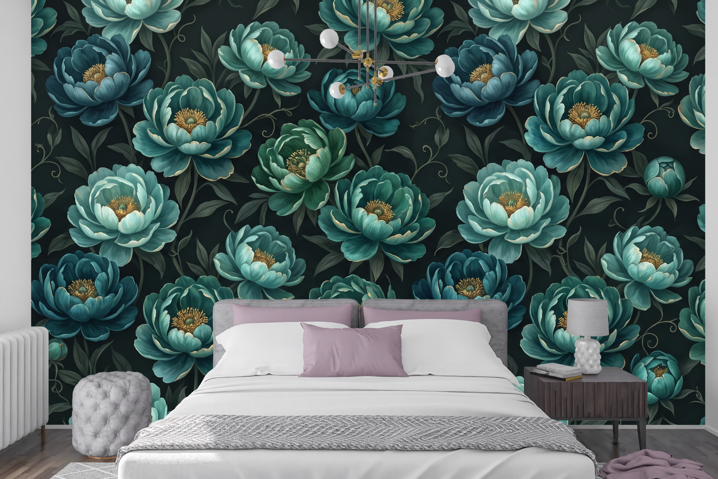 Large scale blue floral mural peel and stick wallpaper behind a velvet bed