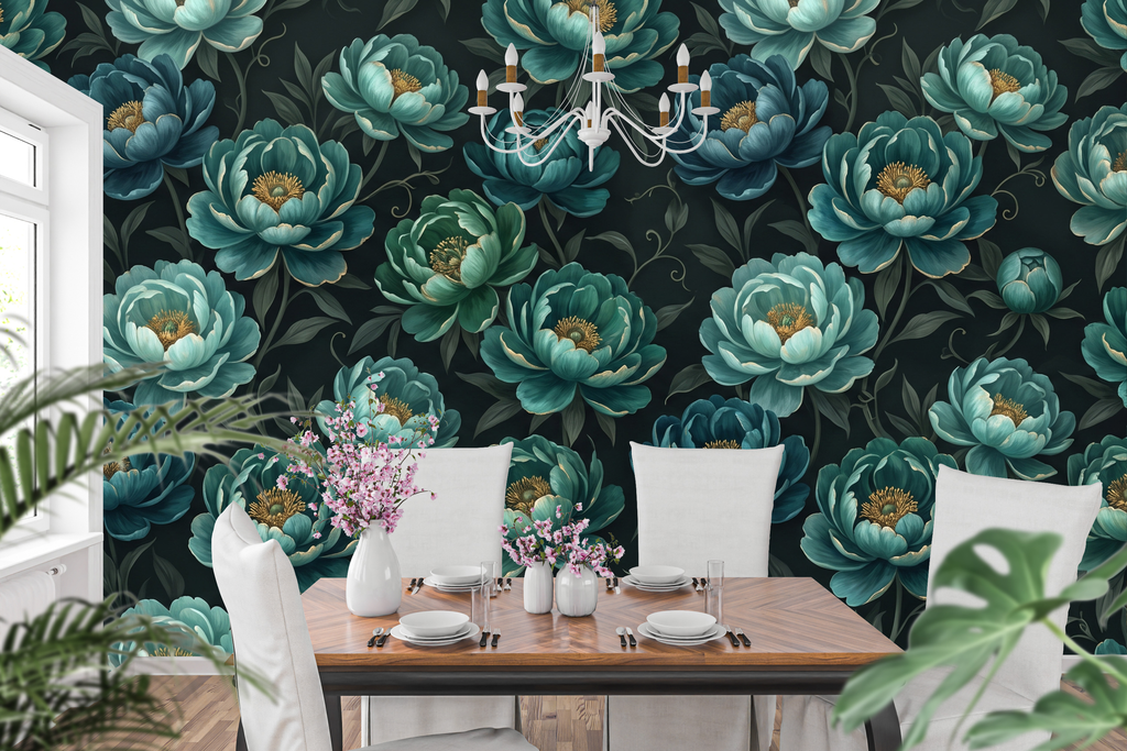 Dramatic jewel toned expansive peony mural creating an upscale dining room accent