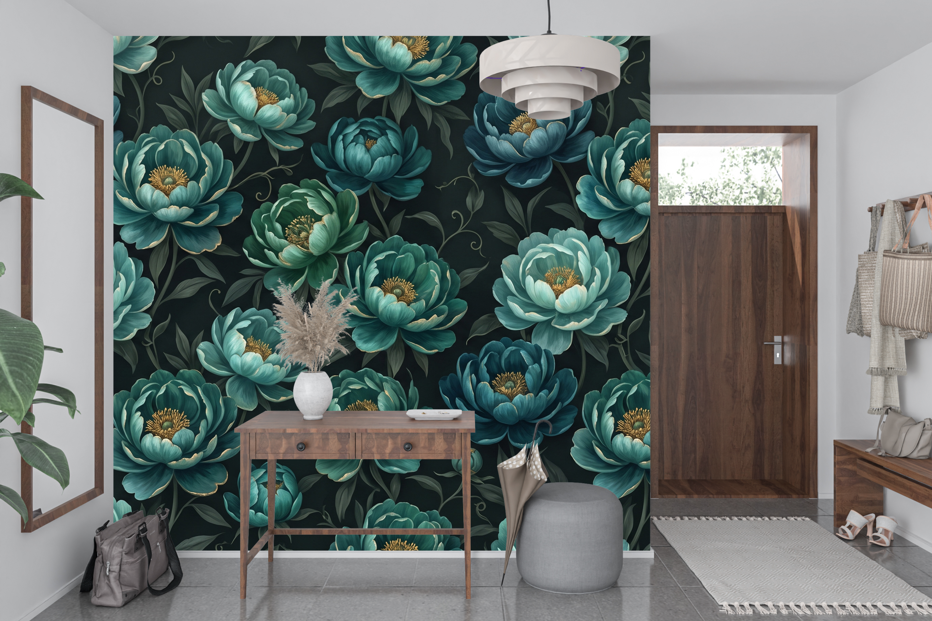Luxury Dark Botanical Teal Peony Mural Moody Floral Statement Wallpaper