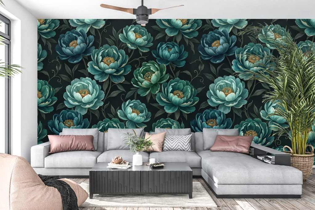 Luxury dark botanical teal peony wall mural in a moody maximalist living room