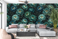 Luxury dark botanical teal peony wall mural in a moody maximalist living room