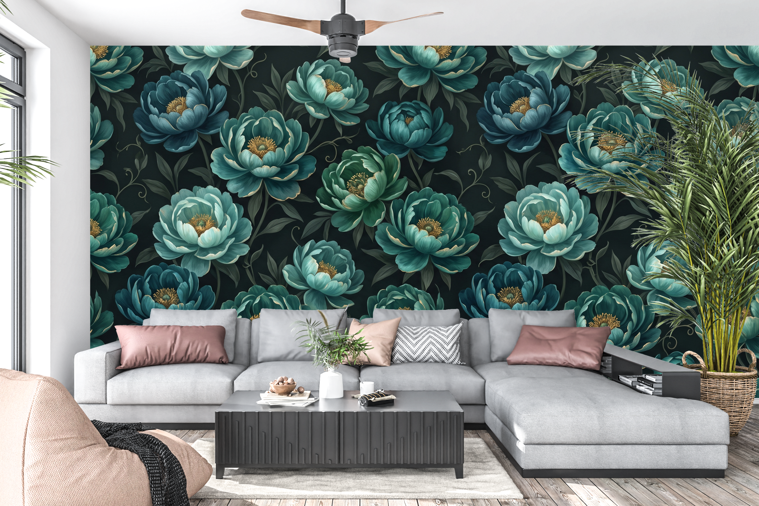 Luxury dark botanical teal peony wall mural in a moody maximalist living room