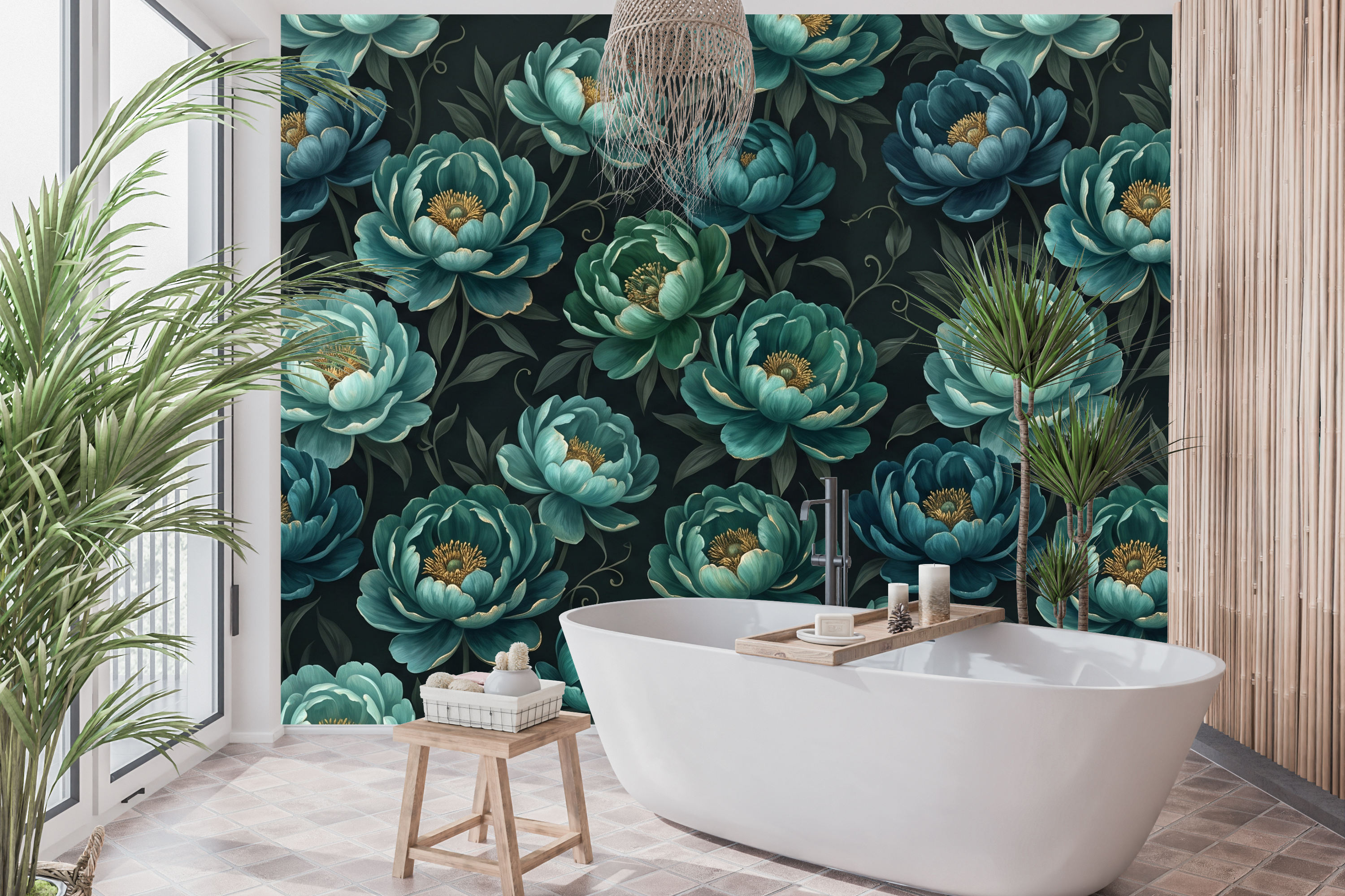 High resolution detail of painted teal petals on a dark floral wall mural