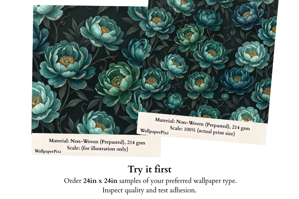 Luxury Dark Botanical Teal Peony Mural Moody Floral Statement Wallpaper