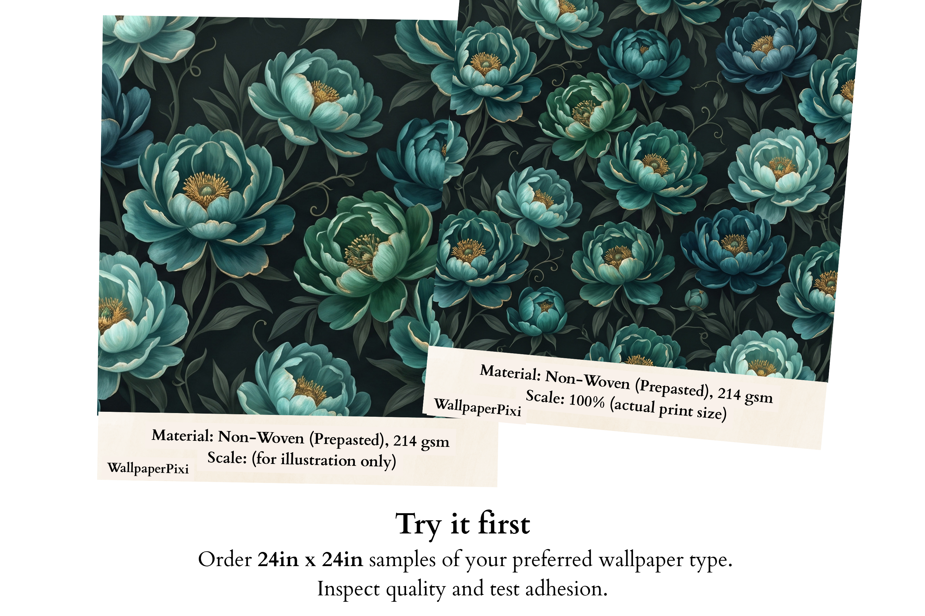 Luxury Dark Botanical Teal Peony Mural Moody Floral Statement Wallpaper