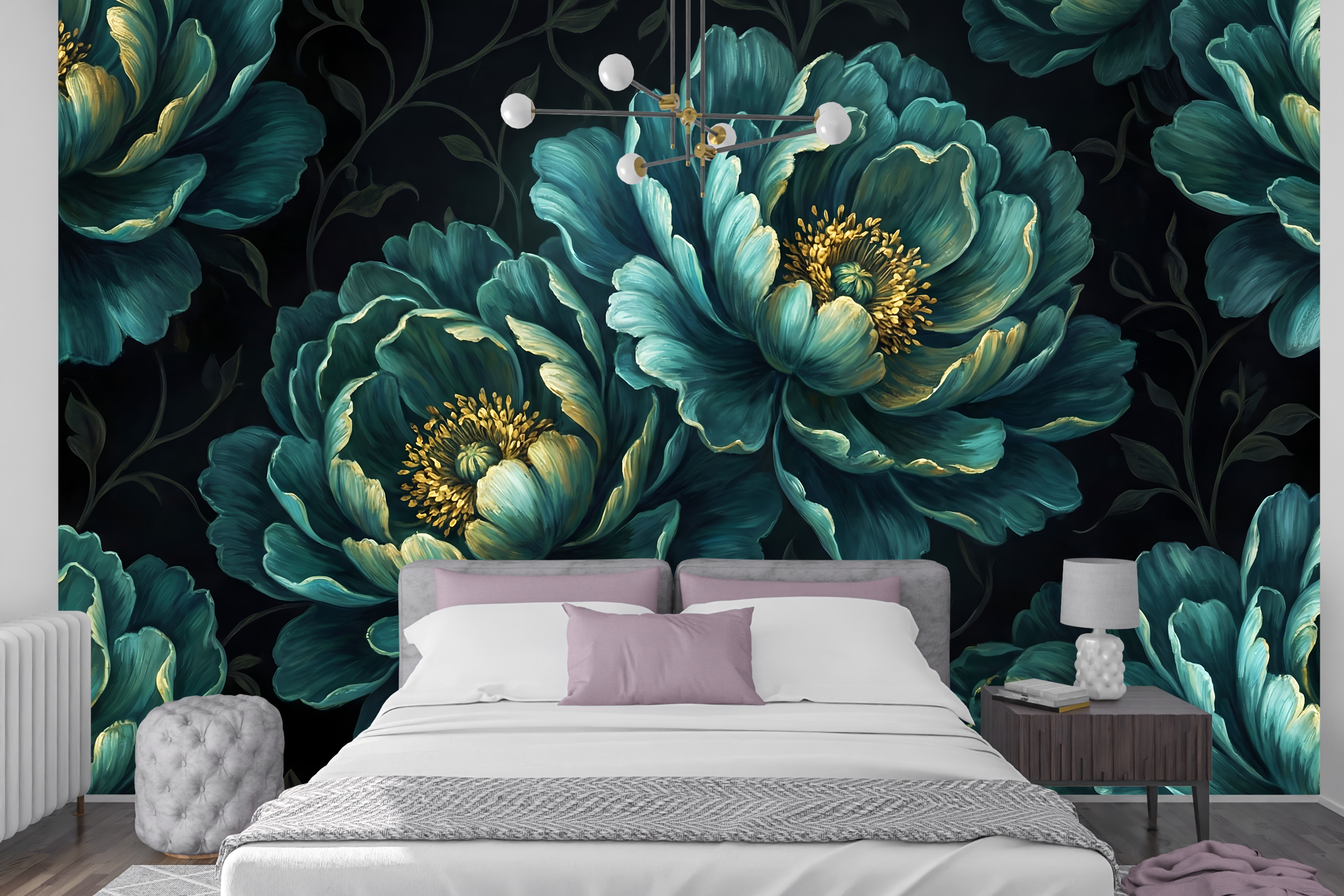 Seamless oversized blue floral peel and stick wallpaper behind a velvet bed