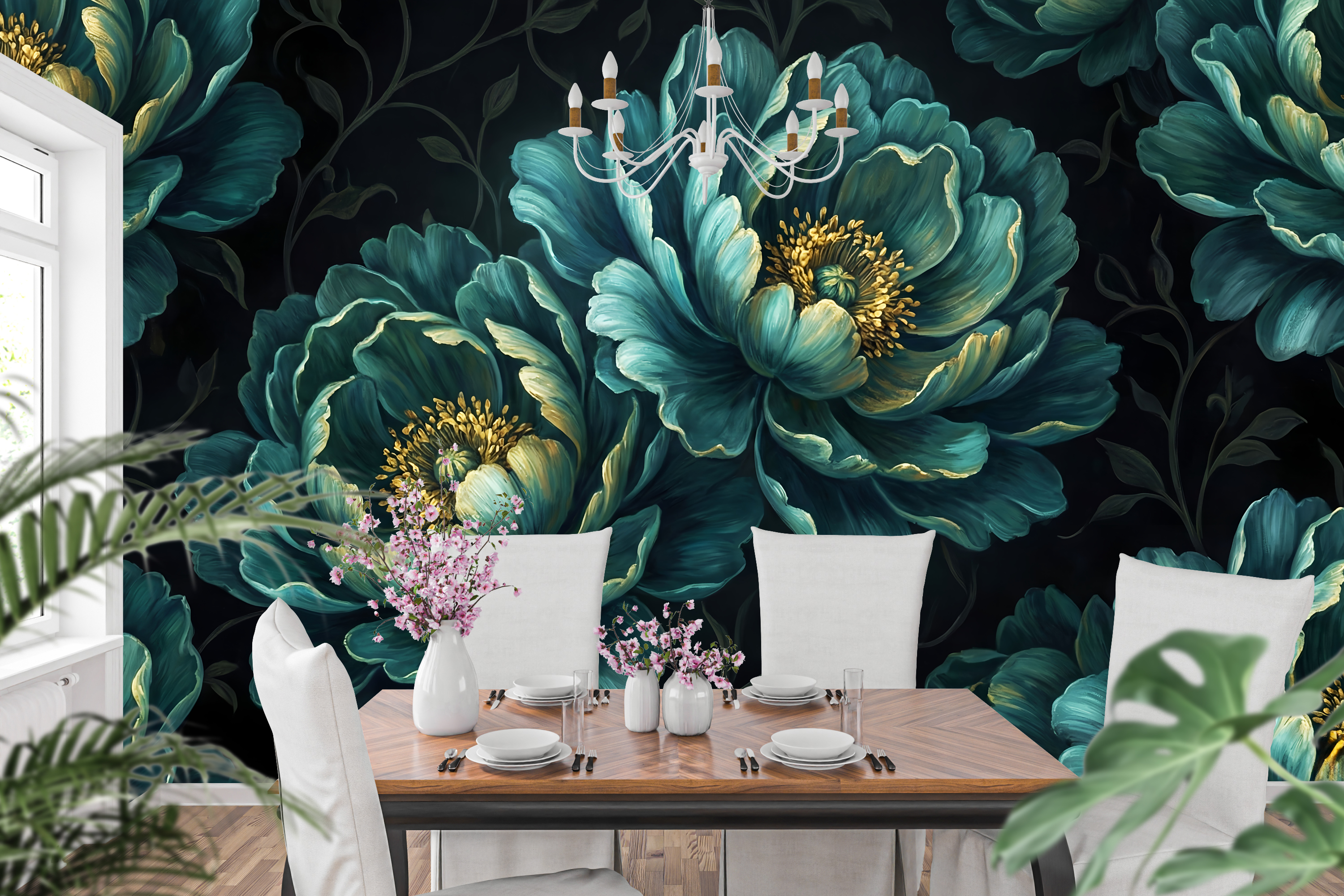 Dramatic jewel toned peony pattern wall mural creating an upscale dining room accent