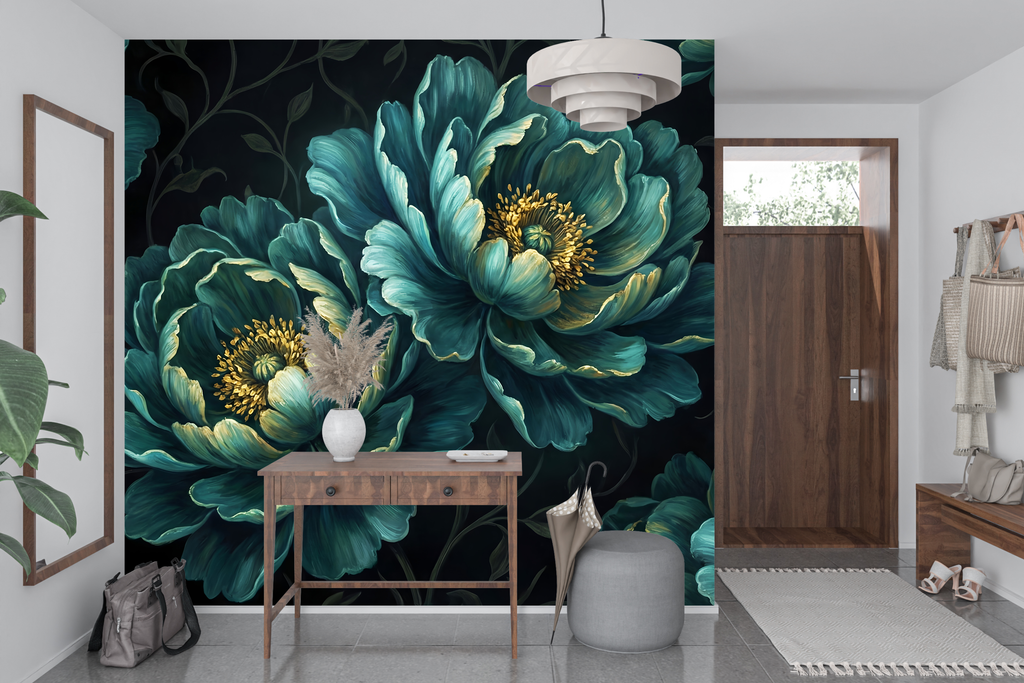 Luxury Dark Botanical Teal Peony Wall Mural Moody Floral Wallpaper