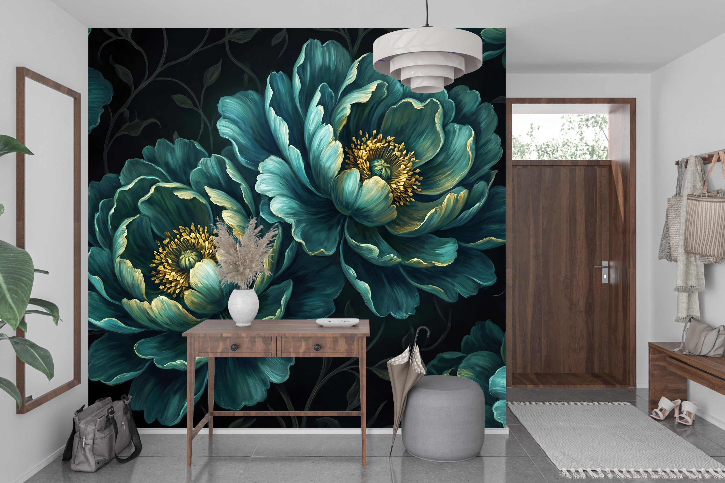 Luxury Dark Botanical Teal Peony Wall Mural Moody Floral Wallpaper