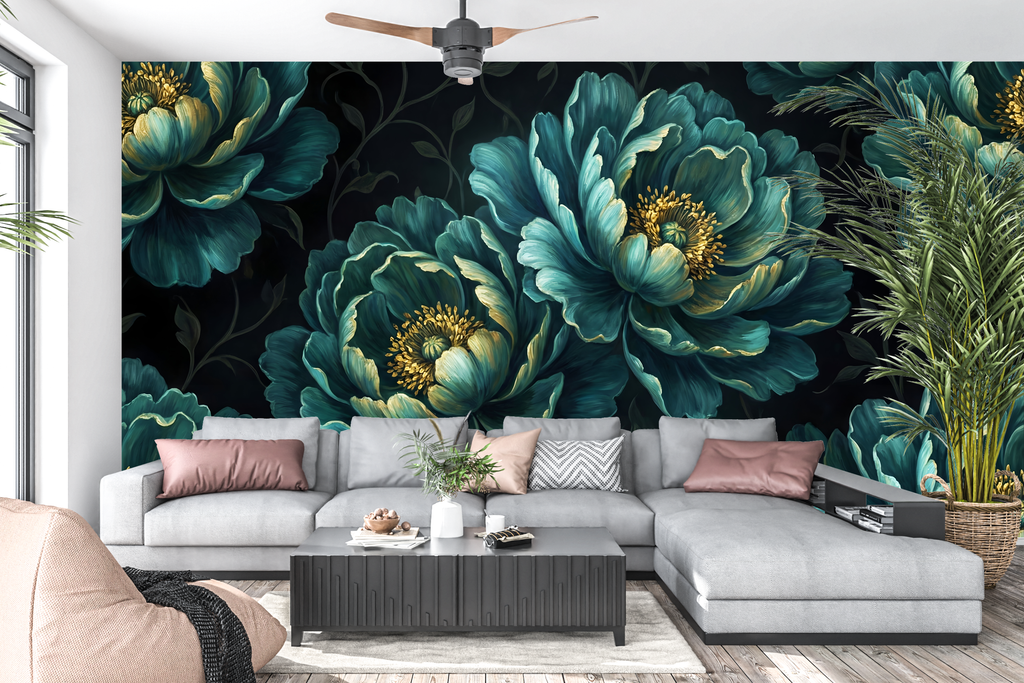 Luxury dark botanical teal peony wallpaper in a moody maximalist living room