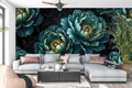 Luxury dark botanical teal peony wallpaper in a moody maximalist living room