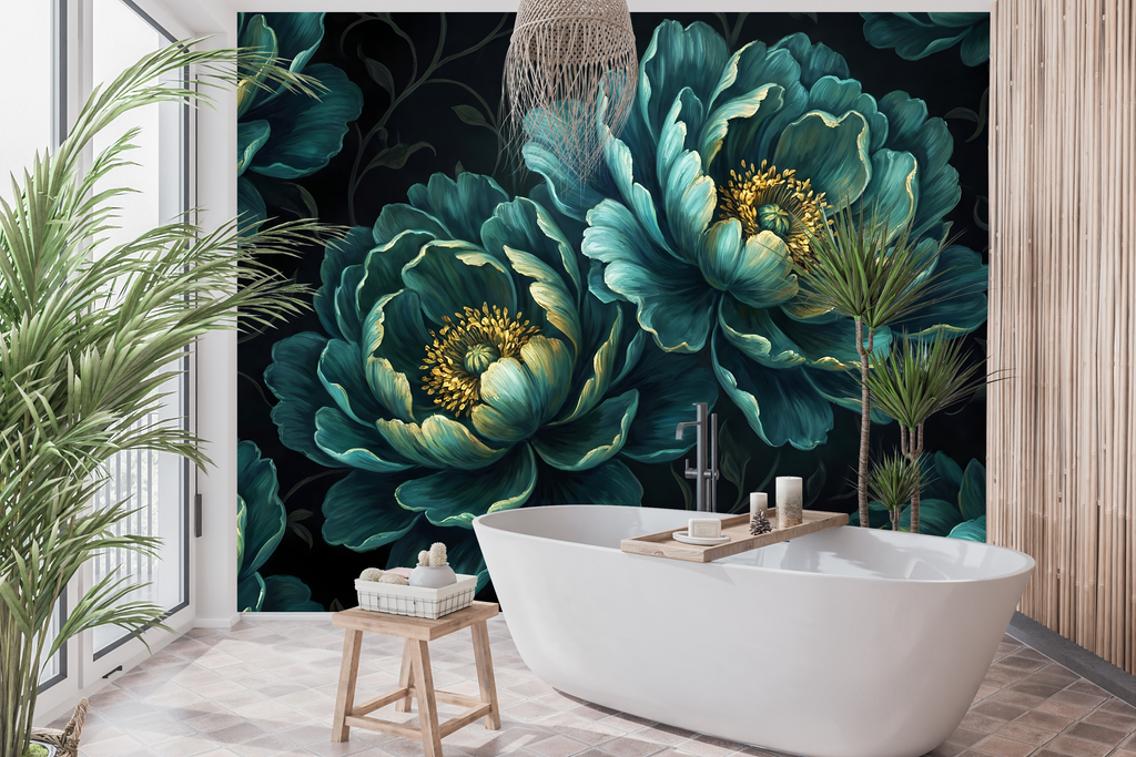 Luxury Dark Botanical Teal Peony Wall Mural Moody Floral Wallpaper