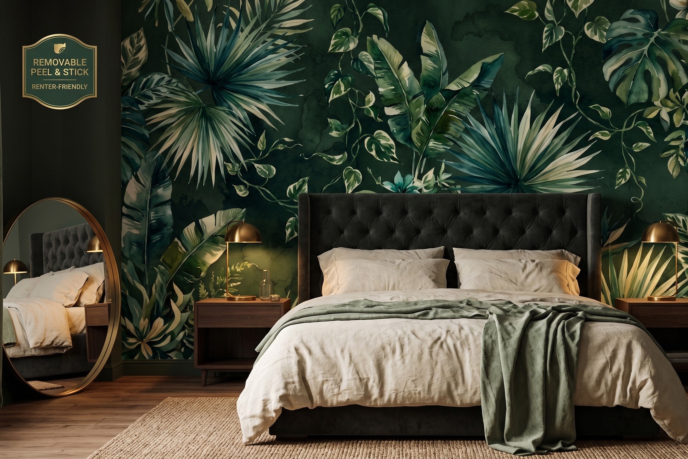 Luxury dark botanical wallpaper in a modern moody interior design