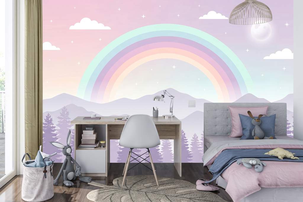 Twilight purple mountain and pine tree peel and stick wallpaper behind a crib