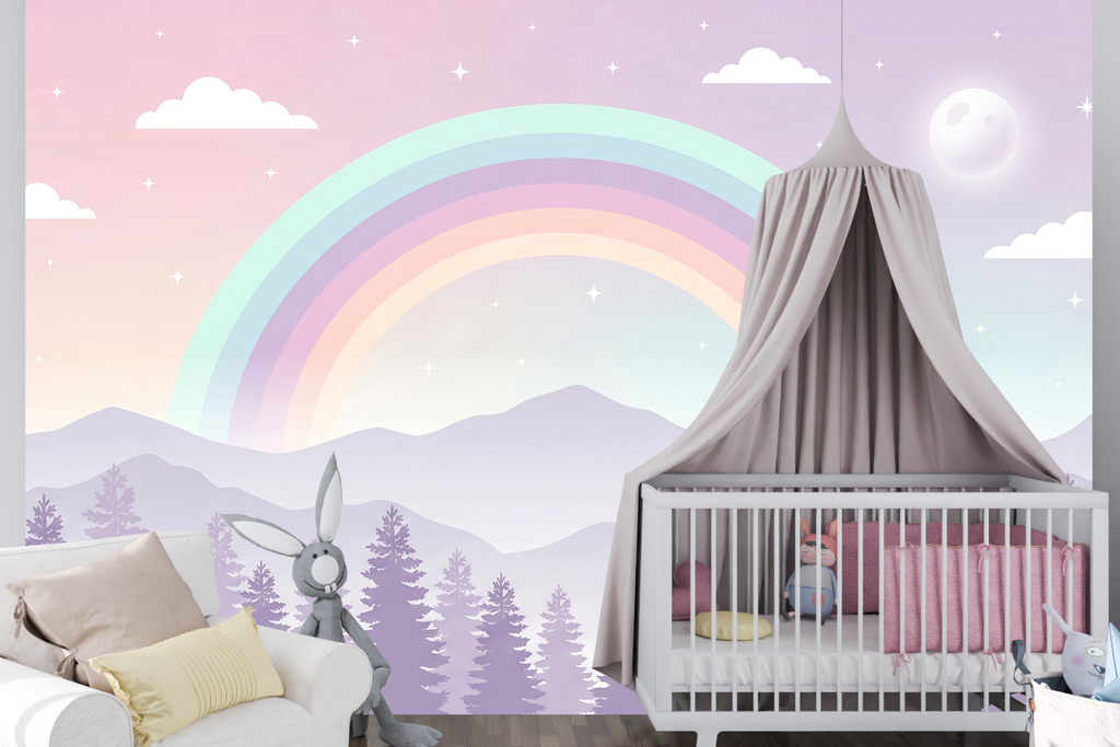 Pastel rainbow forest mural in a dreamy magical baby nursery