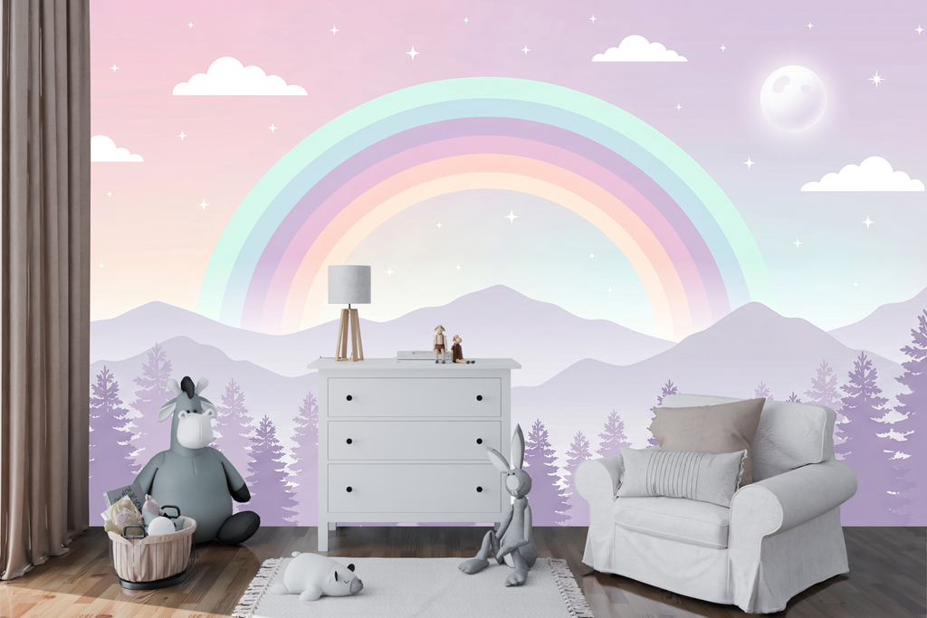 Magical twilight rainbow and forest silhouette wall mural transforming a reading nook