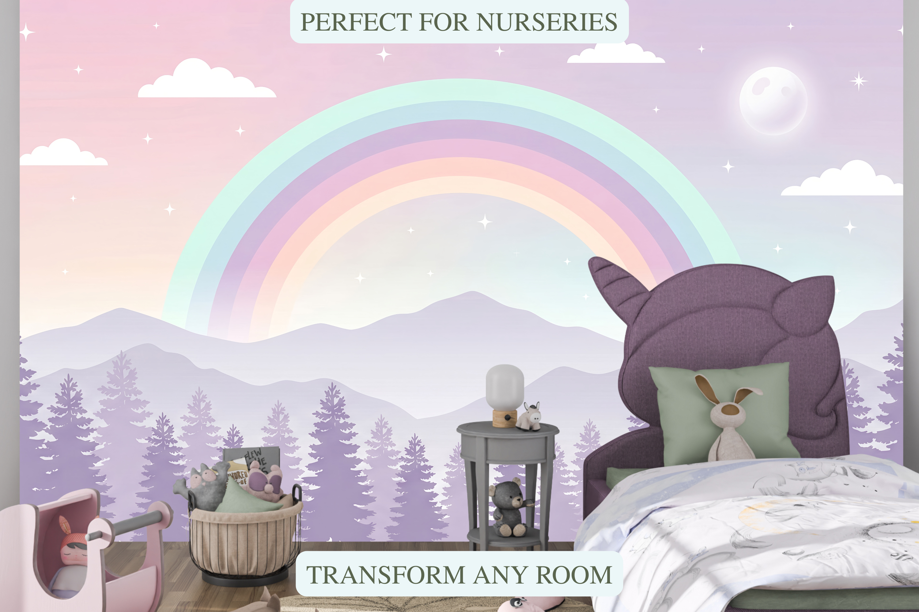 Waterproof vinyl sweet pastel woodland wallpaper applied in a bright kids bathroom