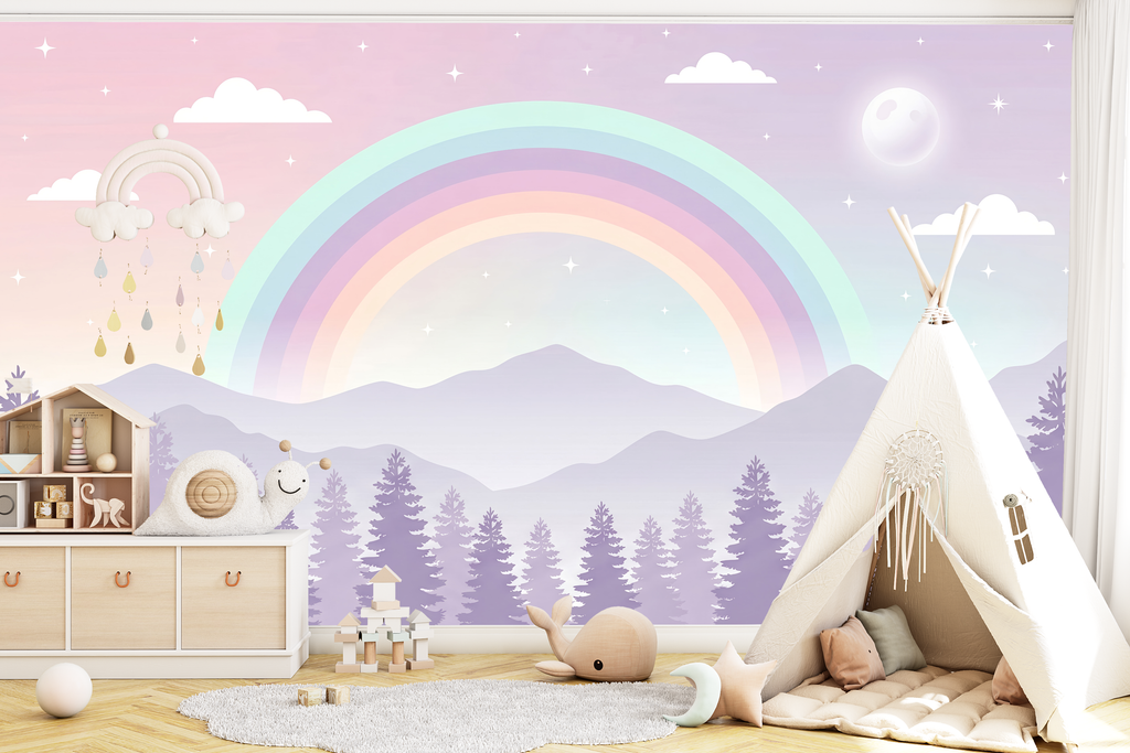 Starry night sky and moon landscape wall mural creating a calming playroom accent