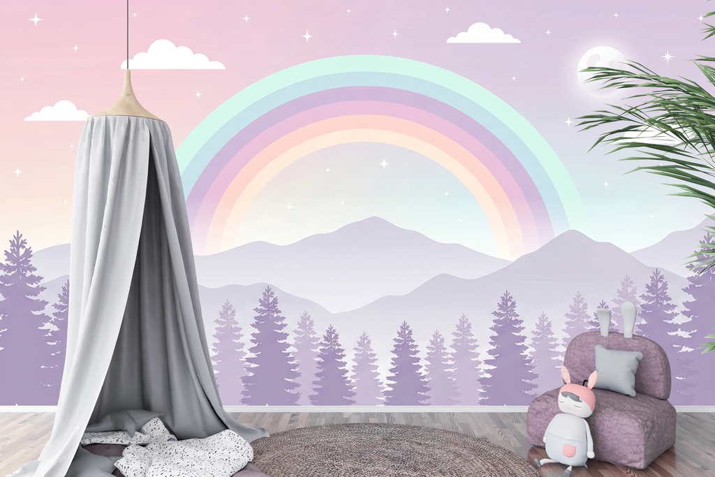 Magical Pastel Rainbow & Pine Forest Wall Mural Dreamy Twilight Mountain Wallpaper