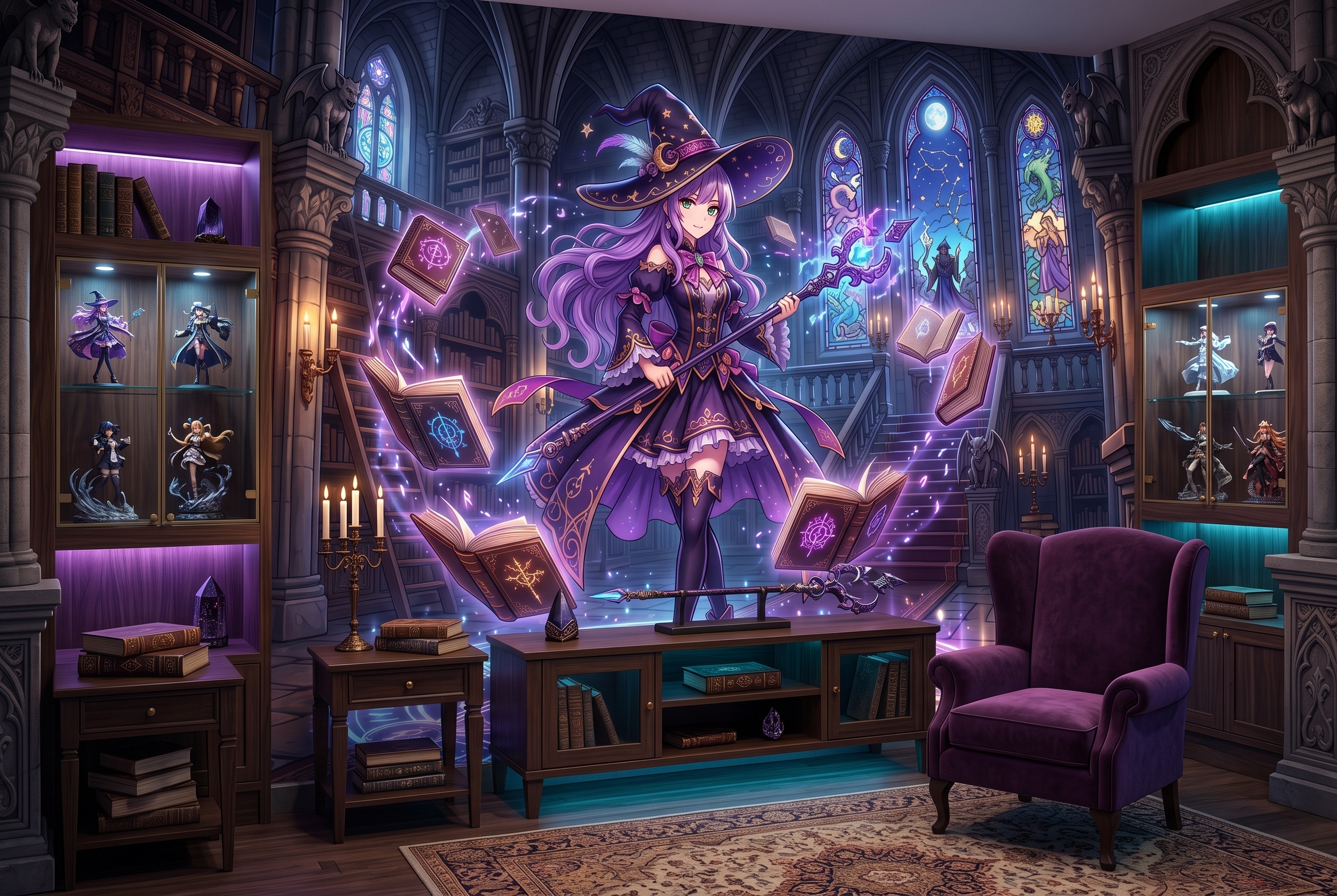 Cinematic gothic library and stained glass wall art transforming a cozy study space
