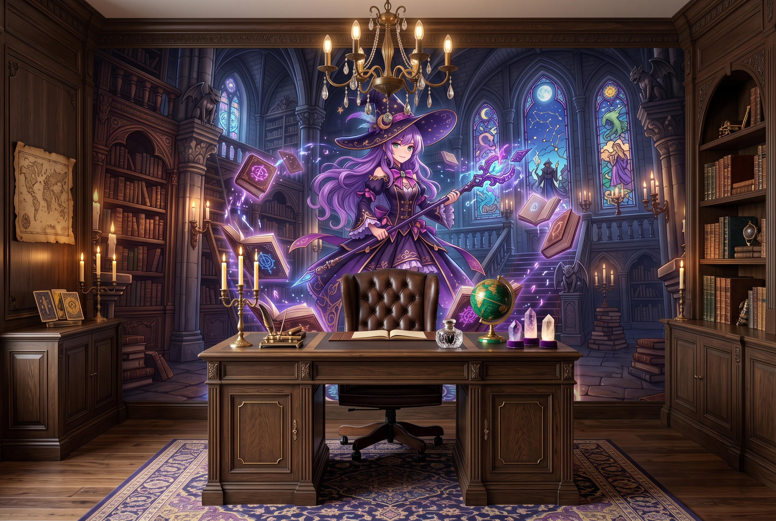 Magical Anime Witch Library Mural Gothic Fantasy Gaming Wallpaper