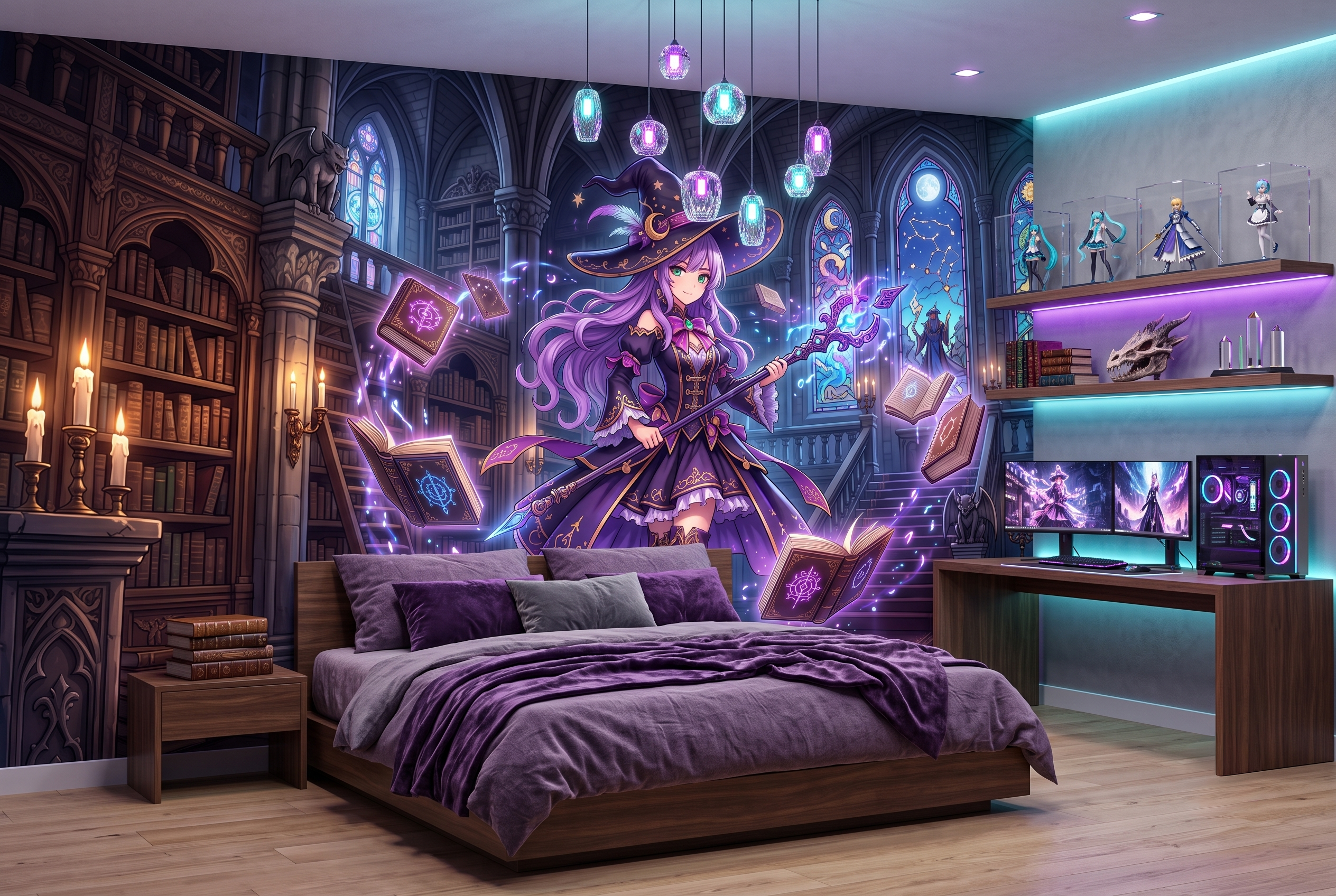 Glowing purple spell circle and floating books peel and stick wallpaper