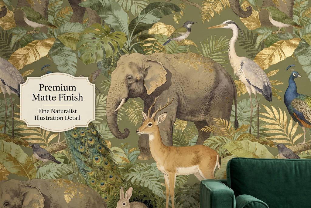 Majestic elephant and golden botanical foliage on dark green safari wallpaper
