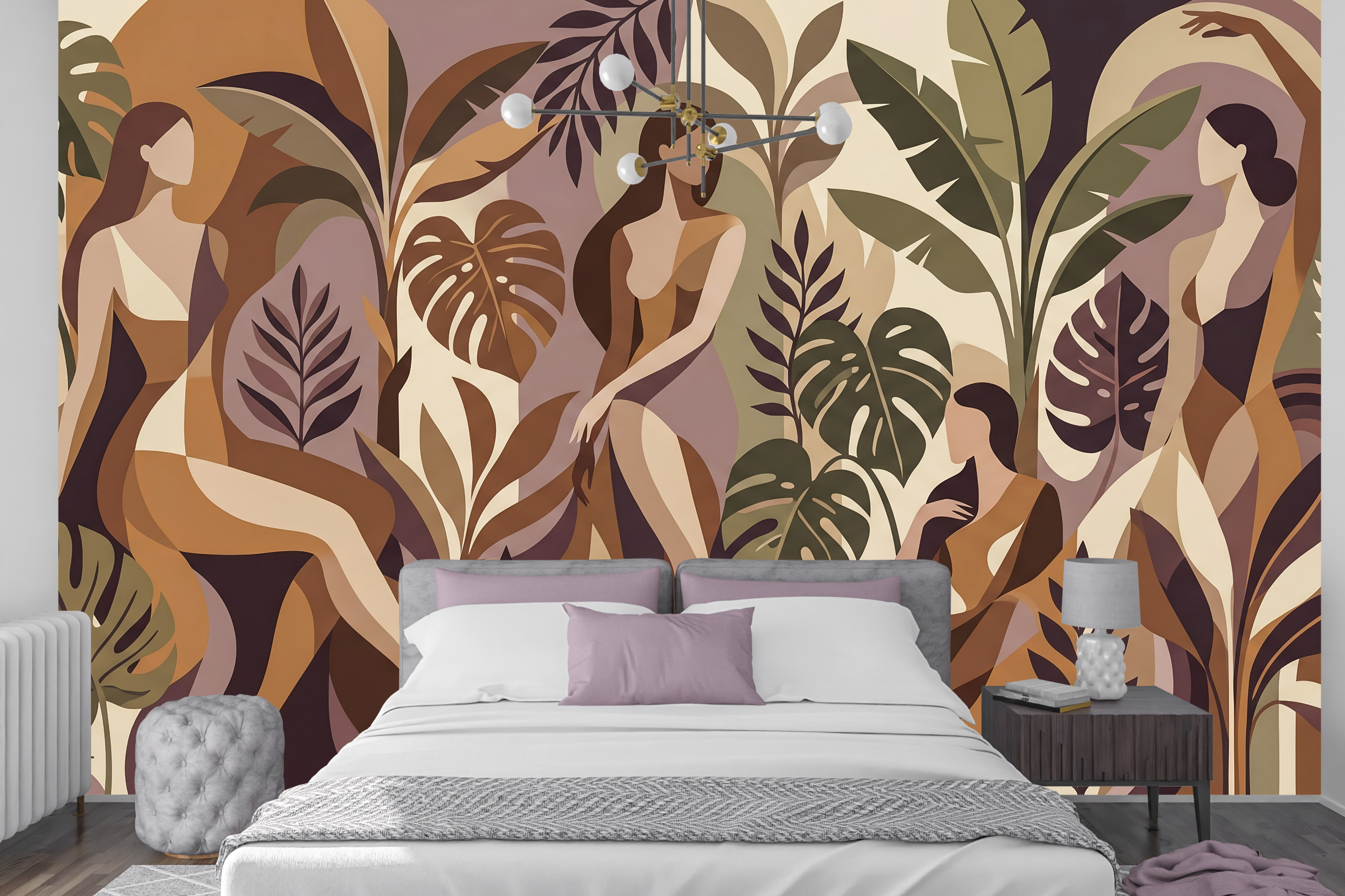 Tropical leaves and female silhouette peel and stick wallpaper behind a modern bohemian bed