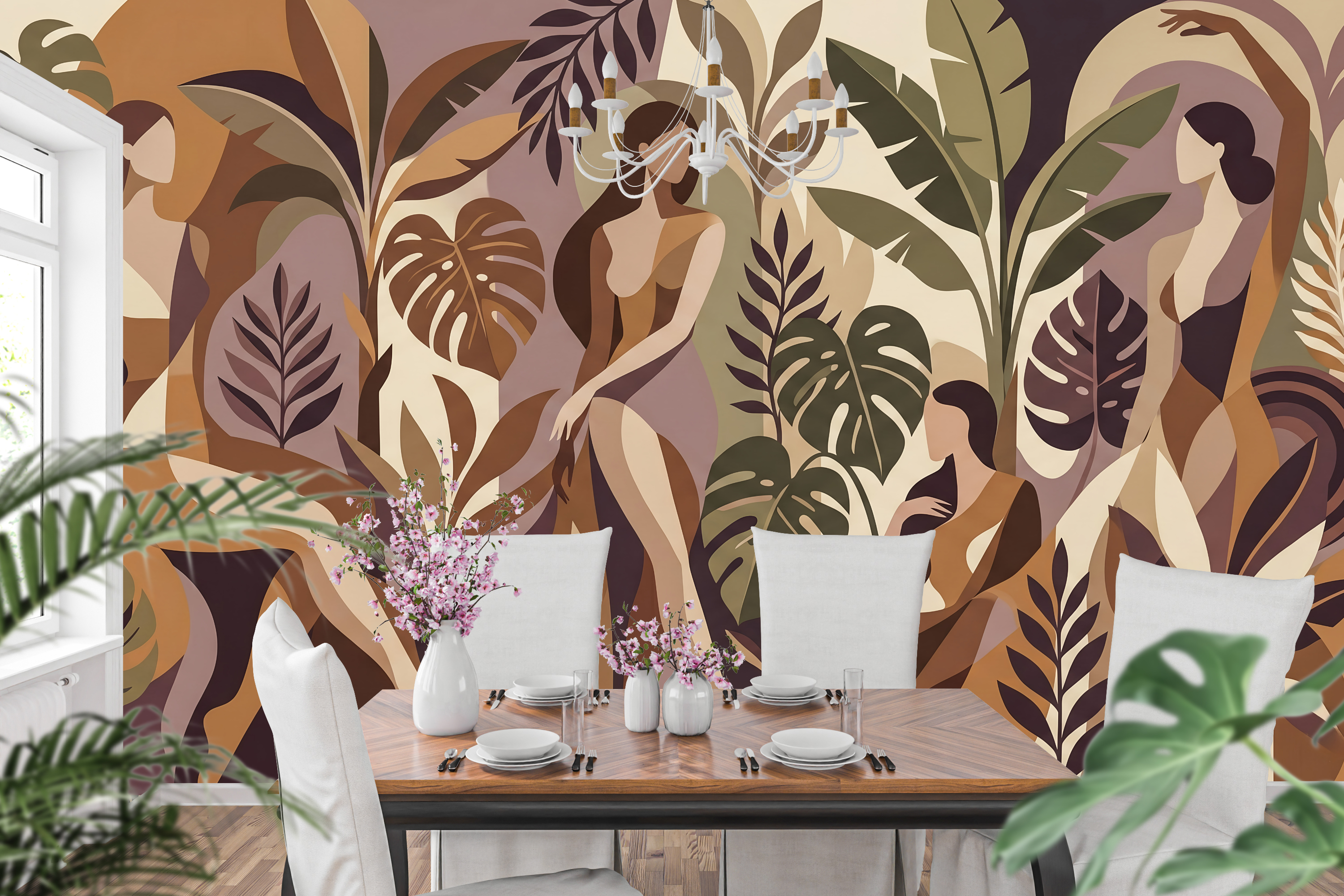 Geometric female figures and botanical wall mural creating an empowering accent wall