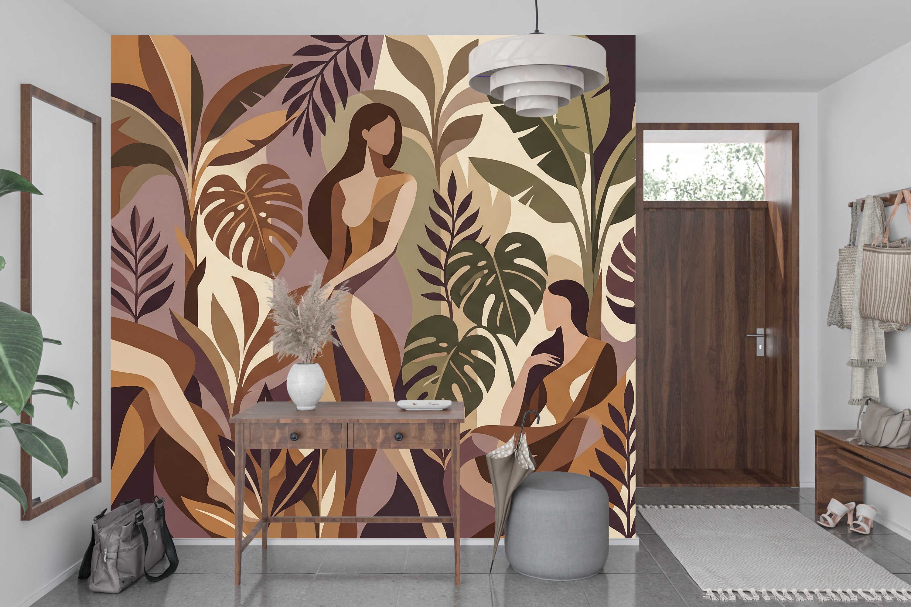 Mid-Century Modern Abstract Tropical Women Mural Earthy Boho Botanical Wallpaper